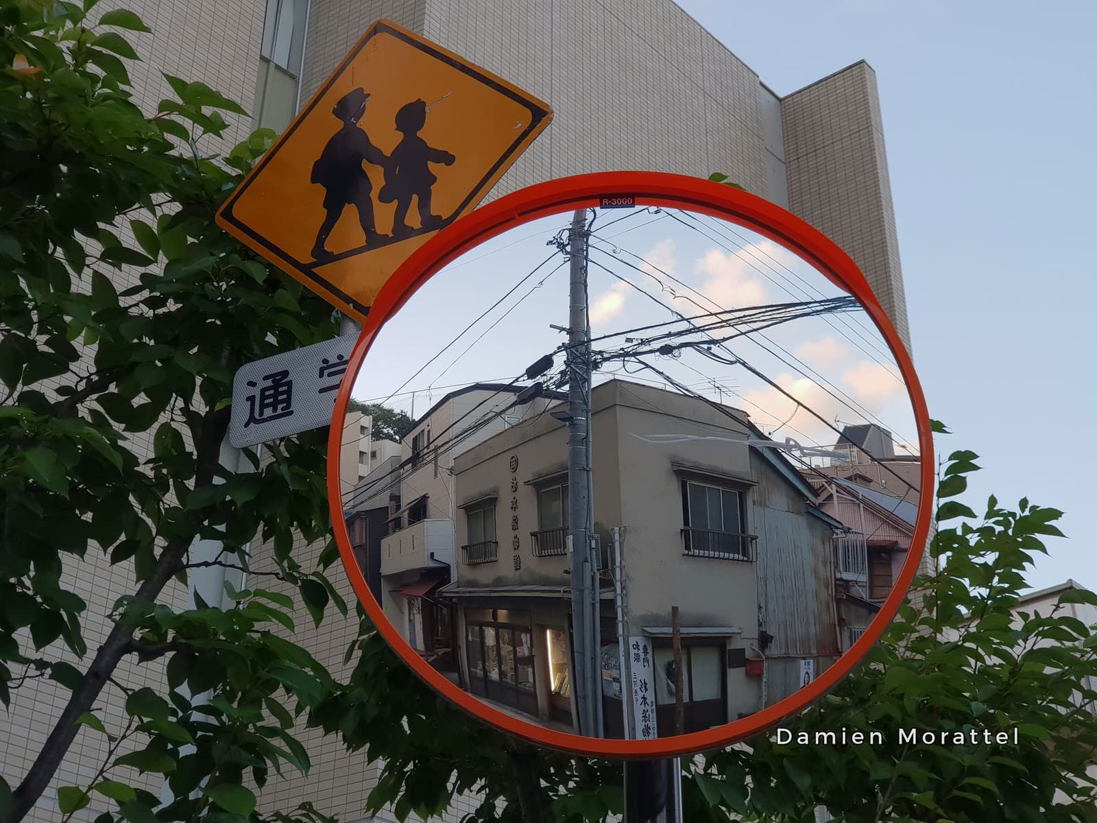 A traffic mirror and a school sign
