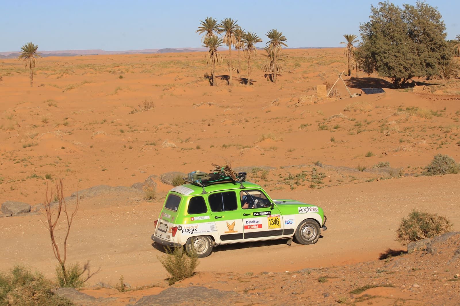 The Renault 4 in the desert, palm trees on the horizon