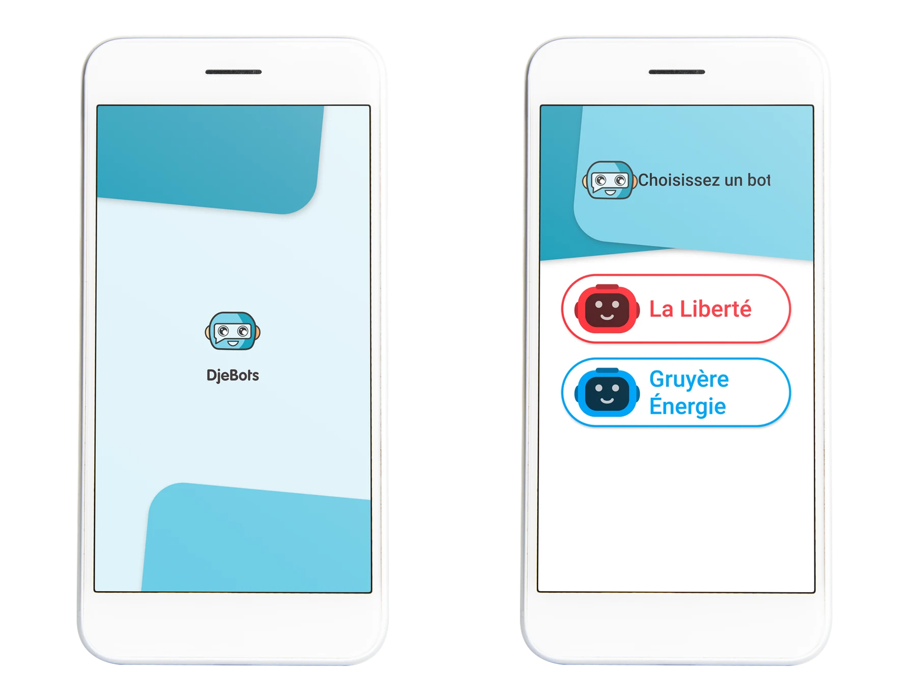 DjeBots splash screen and “Choose a bot” screen with La Liberté and Gruyère Énergie