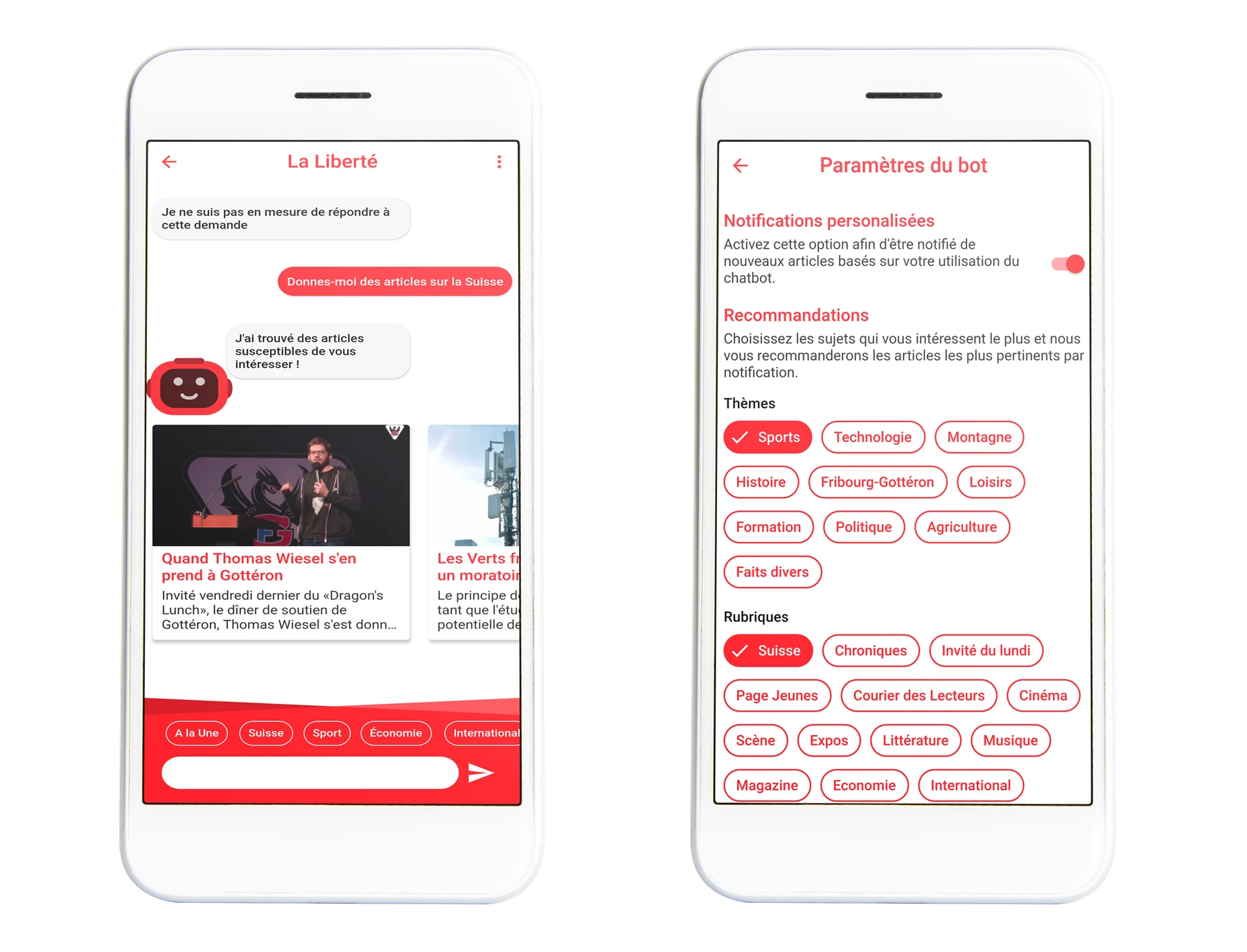 Conversation with La Liberté's bot and the “Bot settings” screen