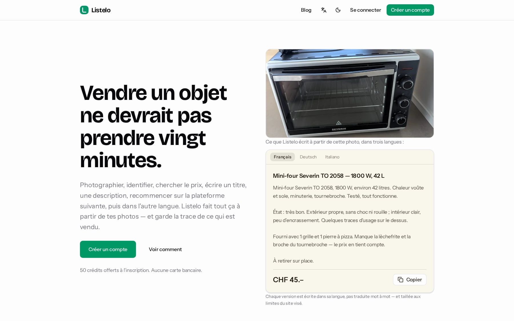 Page d'accueil de listelo.app : la photo d'un mini-four et l'annonce que Listelo en a tirée, prix compris.