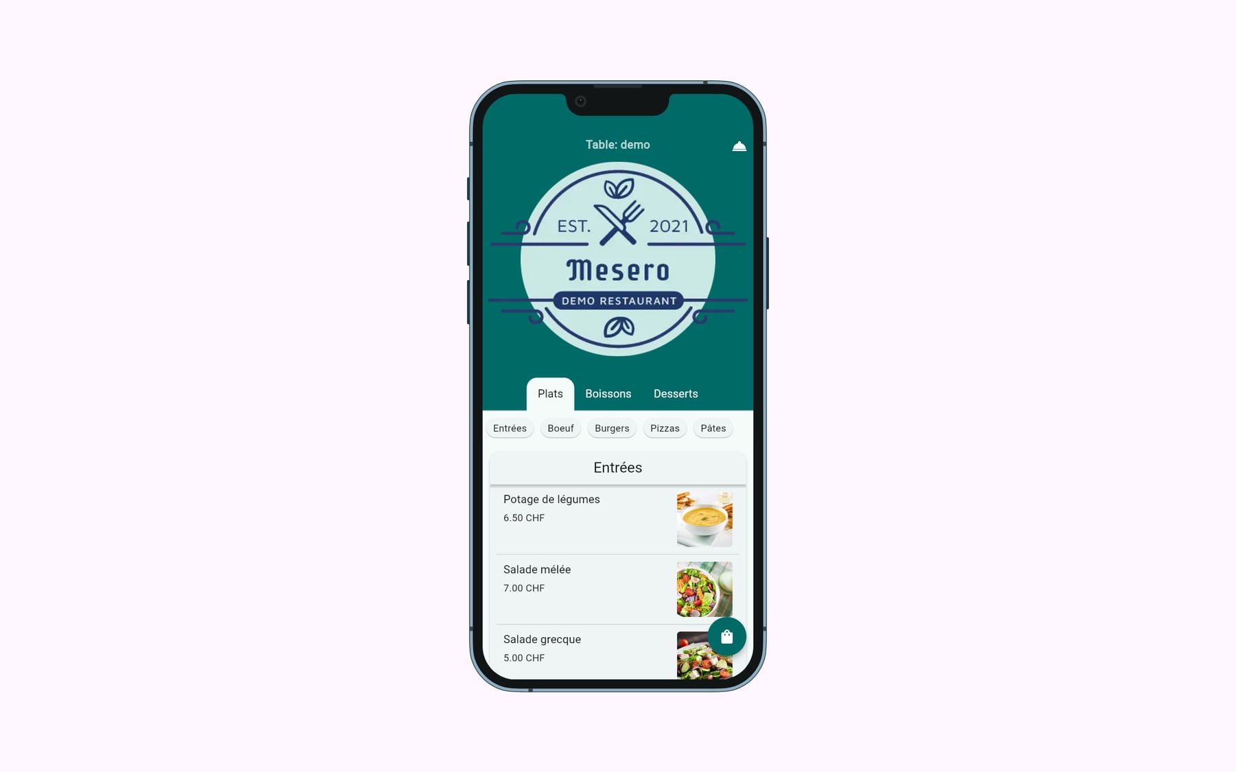 Mesero's demo menu on a phone: Dishes, Drinks and Desserts tabs and the list of starters with their prices.