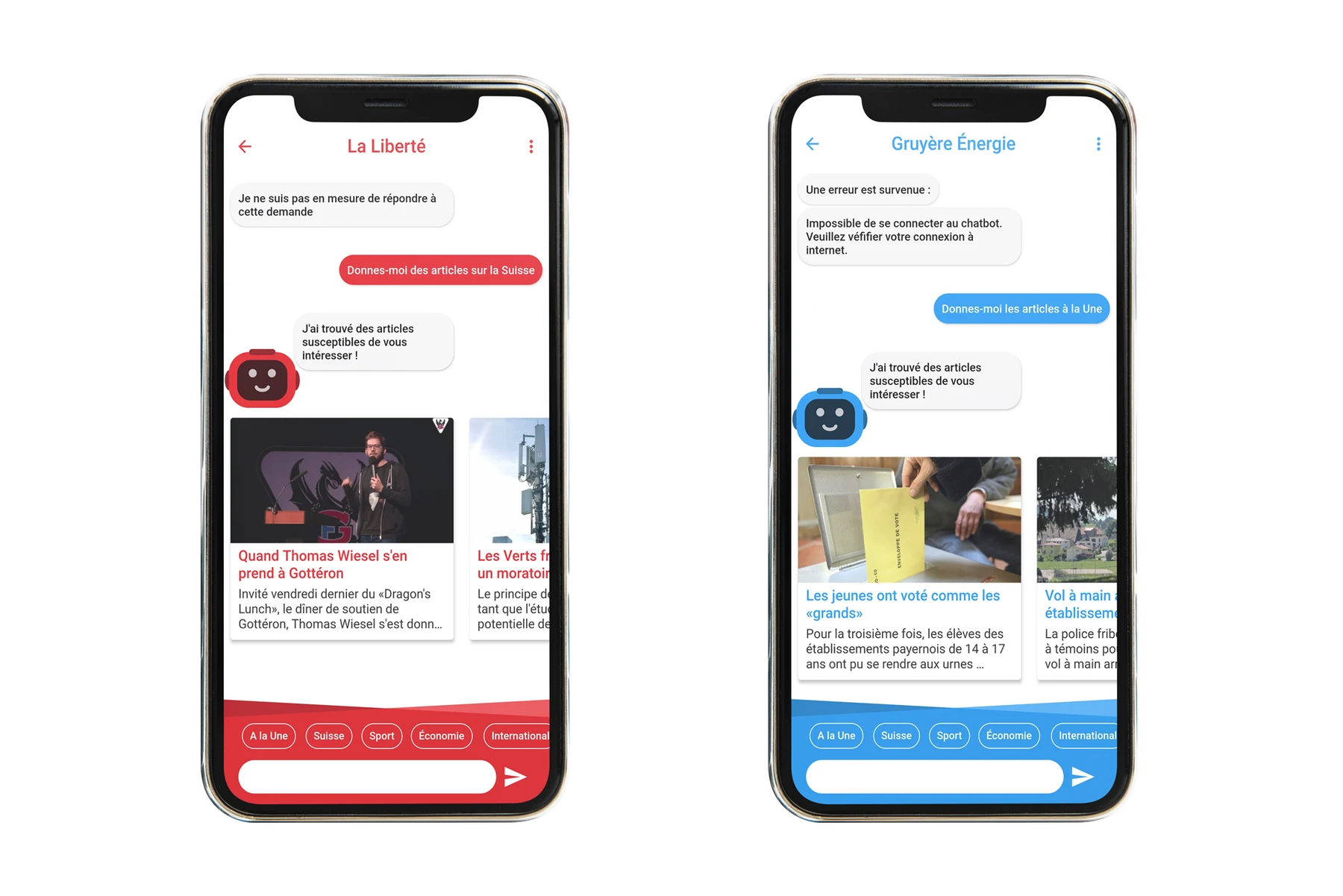 Conversations with both bots, in La Liberté's and Gruyère Énergie's colours