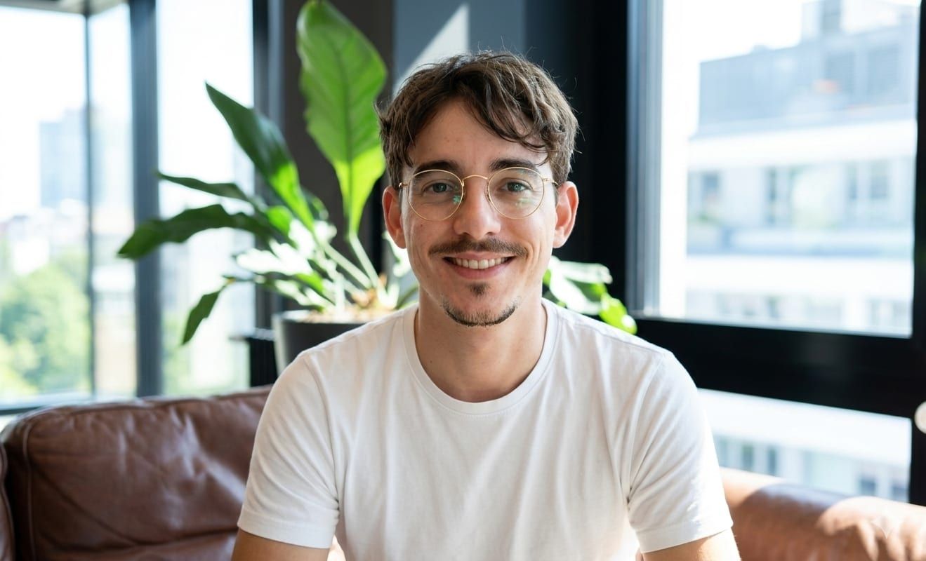 Portrait of Damien Morattel, smiling, in a white T-shirt